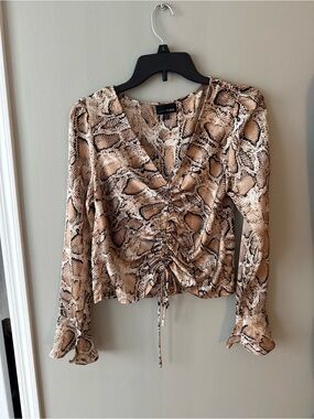 Lucy Paris Beige Snake-Print Ruched V-Neck Blouse